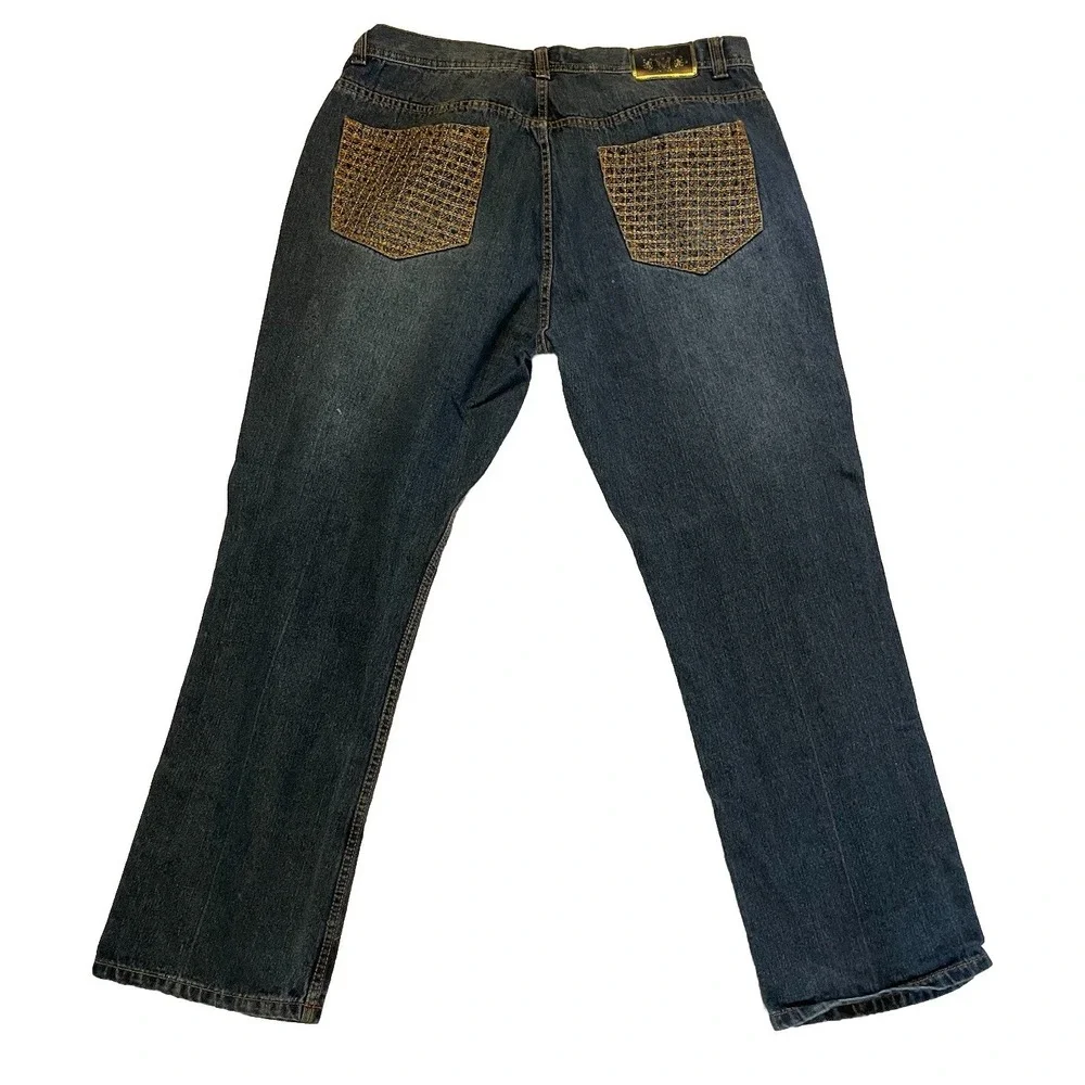Makaveli Jeans Mens 42x31 Blue Denim Embroidered Pockets Baggy‎ Hip Hop